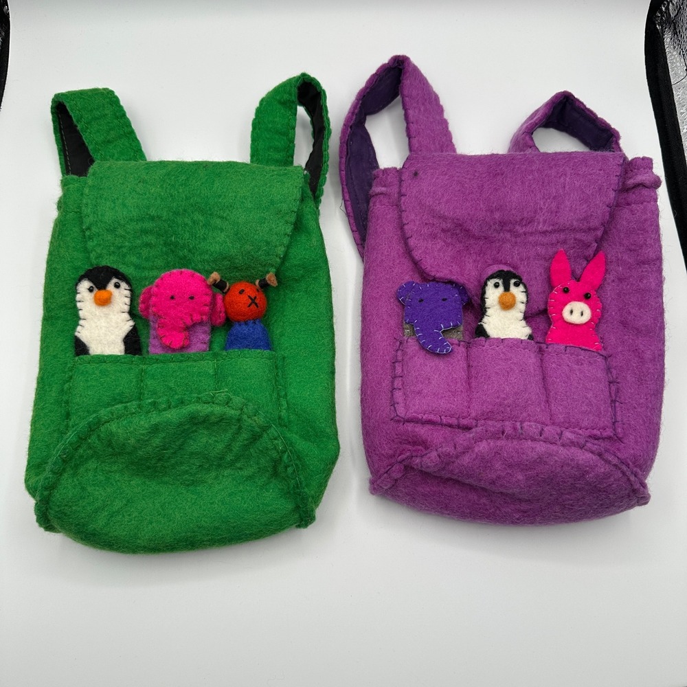 100% Wool Felt Handmade Animal Puppet Backpack Kids Set of 2 Made in Nepal
